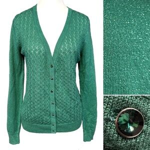 Merona Metallic Sparkle Green Knit Cardigan Rhinestone Buttons Holiday Sz Large